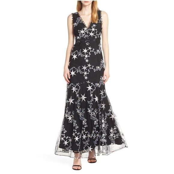 FOXIEDOX Astra Embroidered Trumpet Gown S NWT Black Silver Stars - Picture 1 of 7